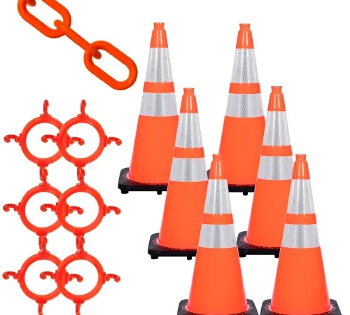Six reflective orange traffic cones with chain