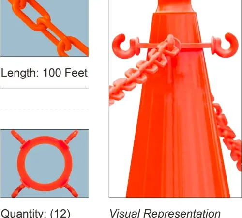 Mr. Chain® Cone Chain Connector Kit with 2" x 100'L Chain, HDPE, Traffic Orange, Pack of 12