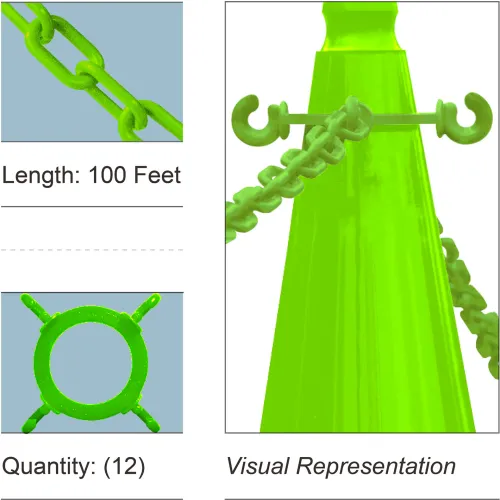 Mr. Chain® Cone Chain Connector Kit with 2" x 100'L Chain, HDPE, Safety Green, Pack of 12