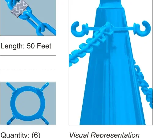 Blue plastic barrier posts with chain
