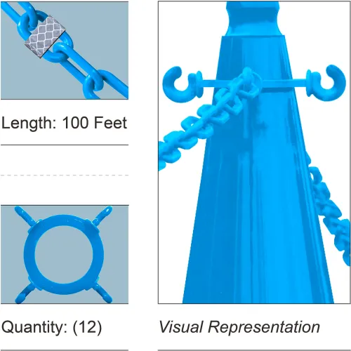 Mr. Chain® Cone Chain Connector Kit w/ 2" x 100'L Chain, HDPE, Reflective Sky Blue, Pack of 12
