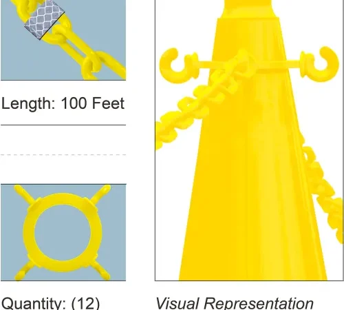 Mr. Chain® Cone Chain Connector Kit with 2" x 100'L Chain, HDPE, Reflective Yellow, Pack of 12