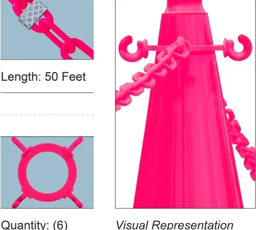 Bright pink safety cone with linked chains