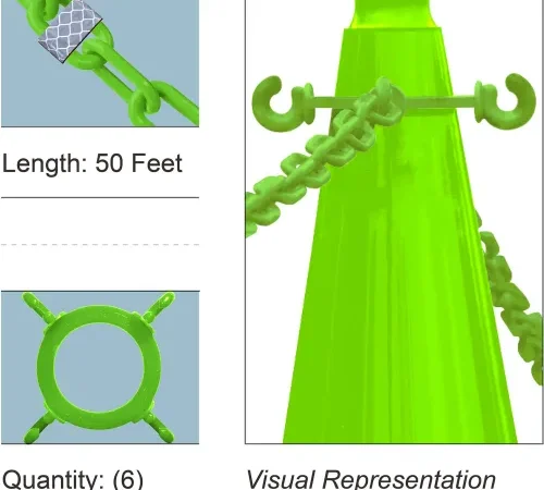 Bright green traffic cone with chains