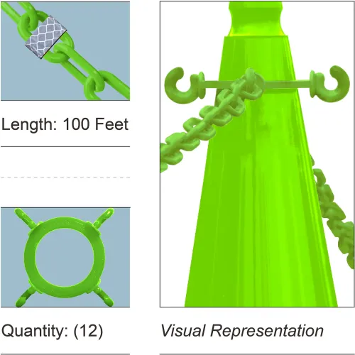 Mr. Chain® Cone Chain Connector Kit w/2"x100'L Chain, HDPE, Reflective Safety Green, Pack of 12