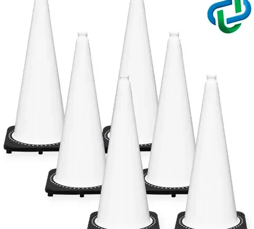 Six white traffic cones on black bases