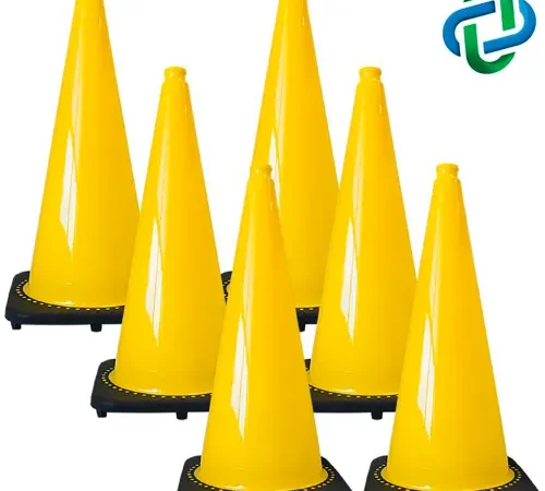 Six yellow traffic cones on black bases