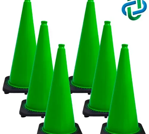 Six green traffic cones with black bases