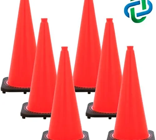 Six orange traffic cones with black bases