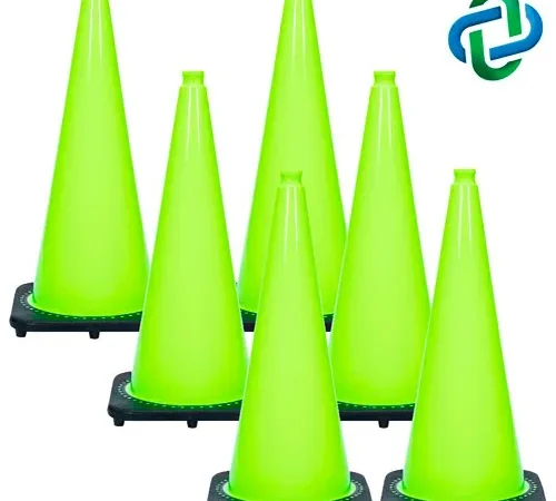 Set of six neon green traffic cones