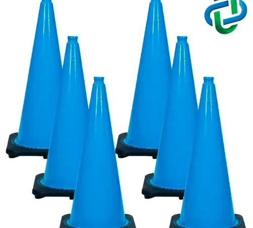 six blue traffic cones with black bases