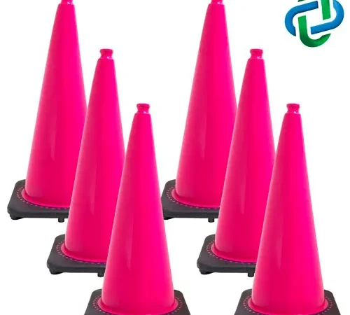 Six bright pink traffic cones on black bases