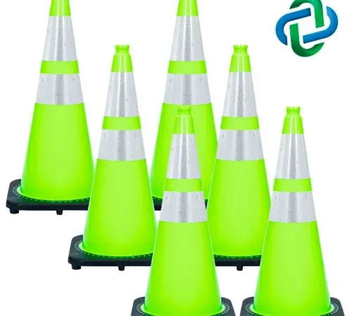 Six neon green traffic cones with reflective bands