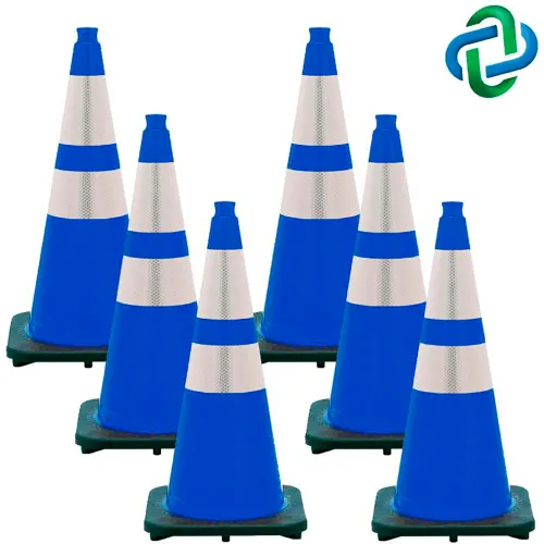 Six blue traffic cones with reflective stripes