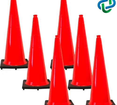 Six red traffic cones on white background