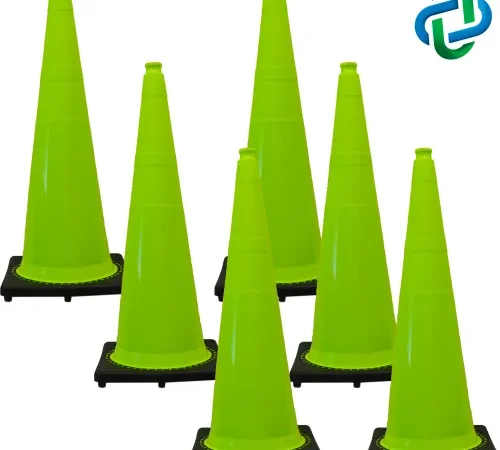 Set of six neon green traffic cones