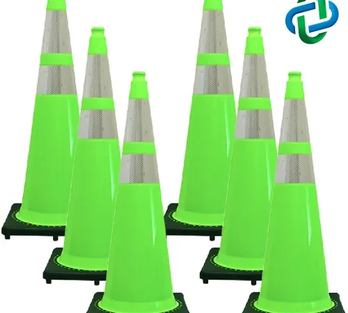 Six neon green traffic cones with reflective bands