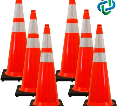 Six orange traffic cones with reflective stripes