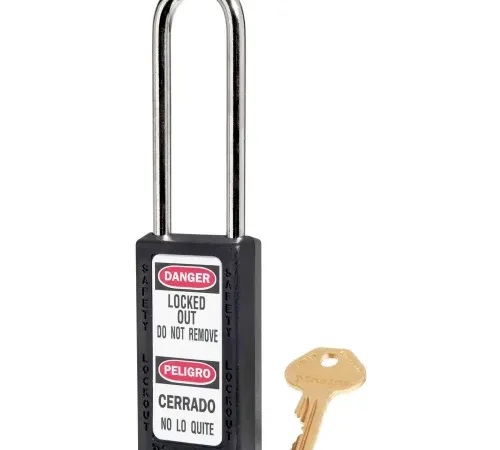 Master Lock® Thermoplastic Zenex" 411LTBLK Safety Padlock, 1-1/2"W x 1-1/2"H Shackle, BLK