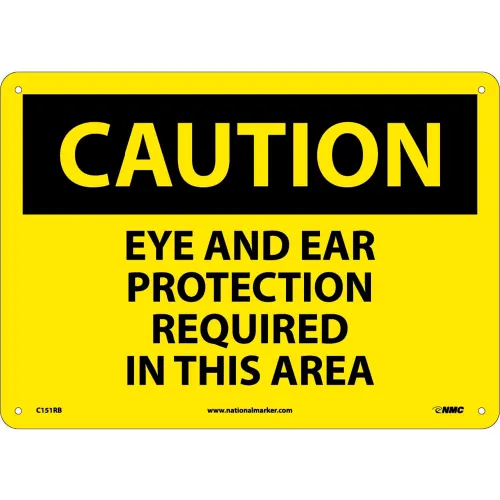 NMC C151RB OSHA Sign, Caution Eye & Ear Protection Required In This Area, 10" X 14", Yellow/Black