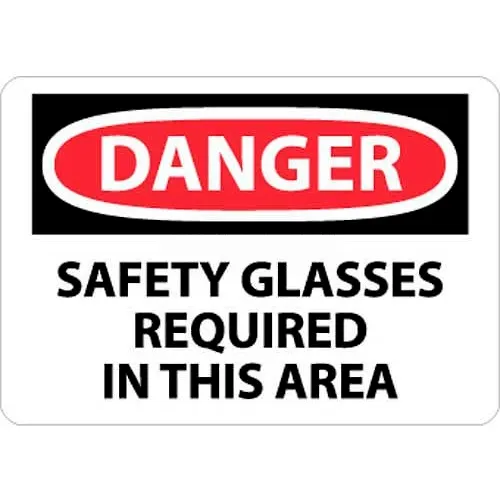 NMC D11AB OSHA Sign, Danger Safety Glasses Required In This Area, 10" X 14", White/Red/Black