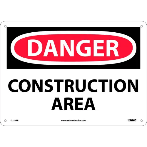 NMC D132RB OSHA Sign, Danger Construction Area, 10" X 14", White/Red/Black