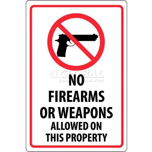 NMC M452G Security Sign, No Firearms Or Weapons Allowed On This Property, 18" X 12", White/Red/Black