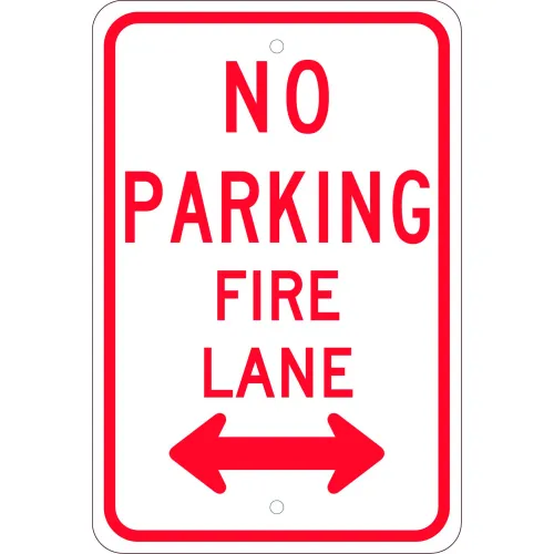 NMC TM620J Traffic Sign, No Parking Fire Lane Double Arrow, 18" X 12", White
