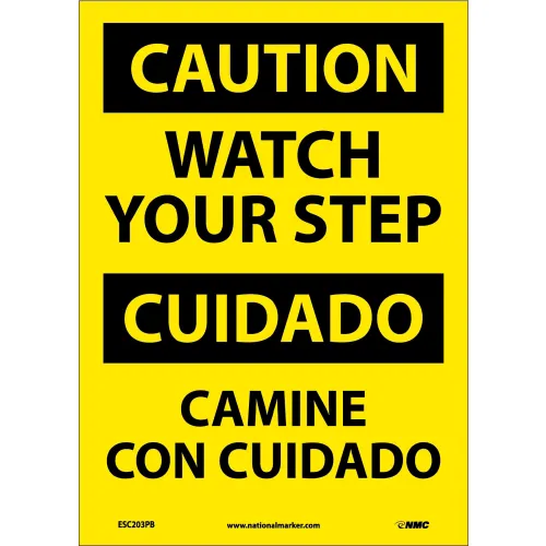 NMC™ Bilingual Vinyl Sign, Caution Watch Your Step, 10"W x 14"H