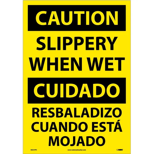 NMC" Bilingual Vinyl Sign, Caution Slippery When Wet, 14"W x 20"H