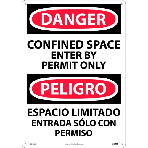 NMC™ Bilingual Plastic Sign, Danger Confined Space Enter By Permit Only, 14"W x 20"H