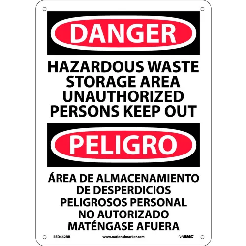 Bilingual Plastic Sign - Danger Hazardous Waste Storage Area Unauthorized Out