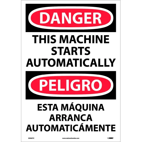 NMC™ Bilingual Vinyl Sign, Danger This Machine Starts Automatically, 14"W x 20"H