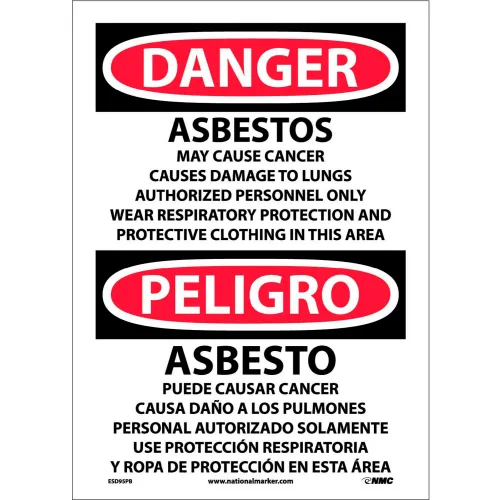 NMC" Bilingual Vinyl Sign, Danger Asbestos Cancer And Lung Disease Hazard, 10"W x 14"H