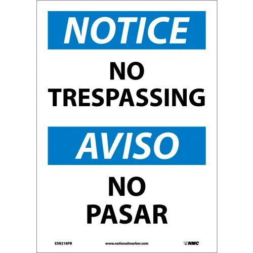 NMC Bilingual Vinyl Sign, Round Corner, Notice No Trespassing, 10"W x 14"H