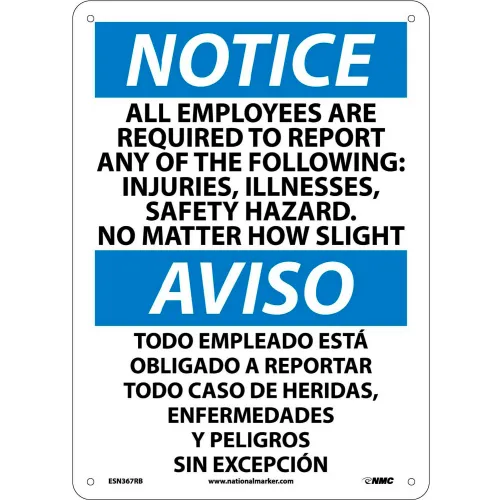 NMC™ Bilingual Plastic Sign, Notice All Employees Are Required To Report, 10"W x 14"H