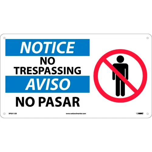 NMC™ Bilingual Plastic Safety Sign, Notice No Trespassing, 18"W x 10"H
