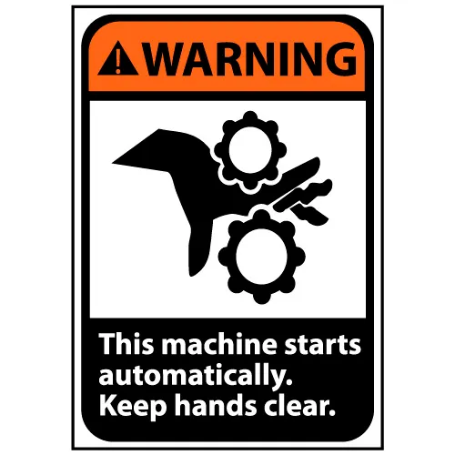 Warning Sign 14x10 Vinyl - Machine Starts Automatically