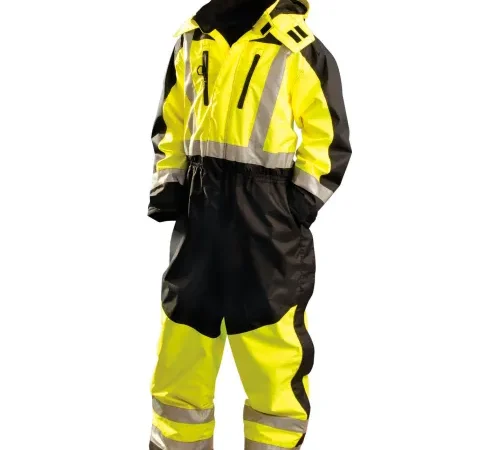 High visibility yellow and black reflective coverall