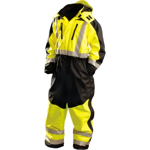 High-visibility yellow and black coverall with reflective stripes
