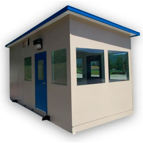 Portable beige security guard booth with blue trim