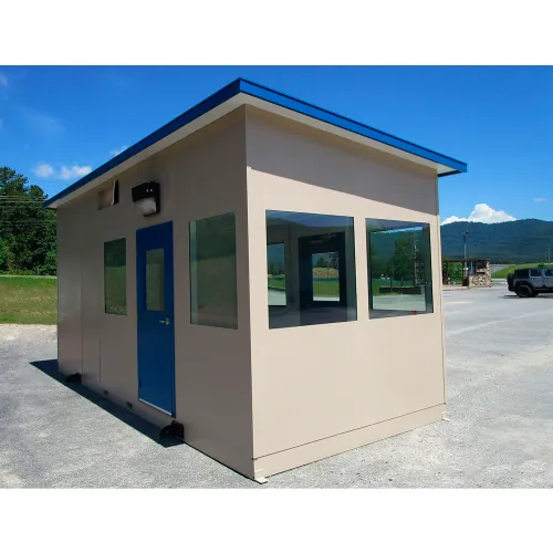 Beige prefabricated security booth with blue trim