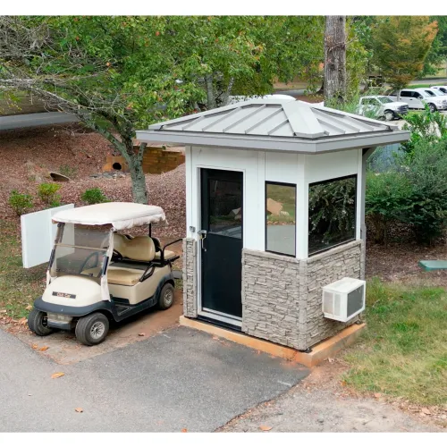 Security kiosk with parked golf cart