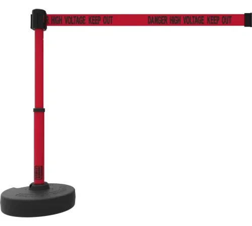 Red stanchion with "Danger High Voltage" belt