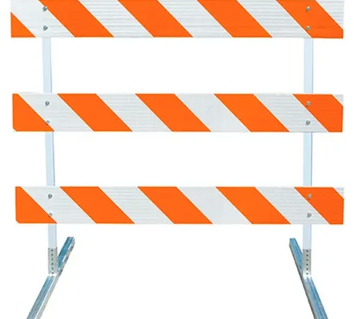 Plasticade Type III Barricade W/ Plastic Uprights & Steel Tube Feet, HIP Striped Sheeting, 72'' L