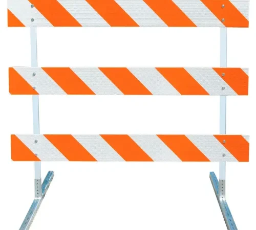 Plasticade Type III Barricade W/ Plastic Uprights & Steel Tube Feet, HIP Striped Sheeting, 96'' L
