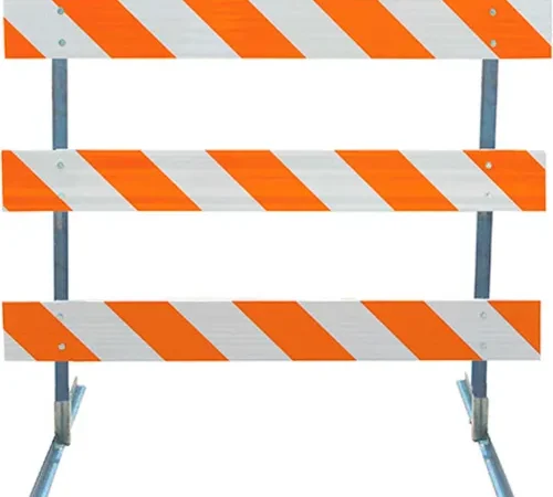Plasticade Barricade W/ Angle Iron Uprights & Feet, HIP Striped Sheeting