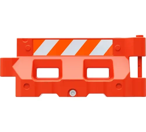 orange plastic road barrier with reflective stripes