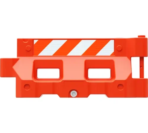 Orange plastic traffic barrier with reflective stripes