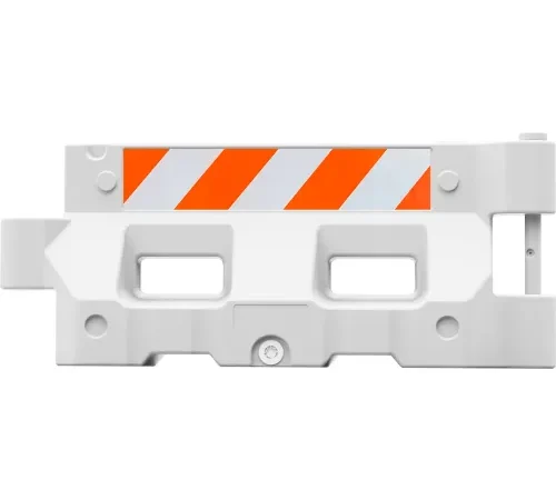 White plastic barricade with orange diagonal stripes